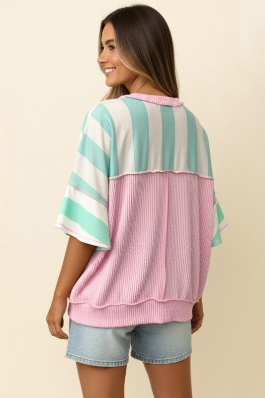Striped Flutter Sleeve Terry Top - Mint & Blush