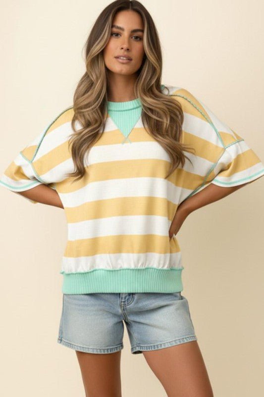 Striped Flutter Sleeve Terry Top - Yellow & Aqua - Lavender Hills BeautyHapticsHT7477B-BYAQ-S