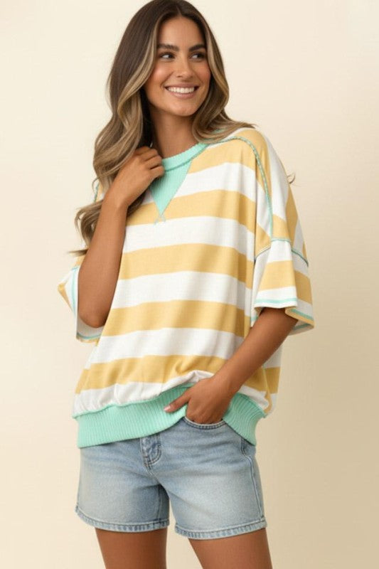 Striped Flutter Sleeve Terry Top - Yellow & Aqua