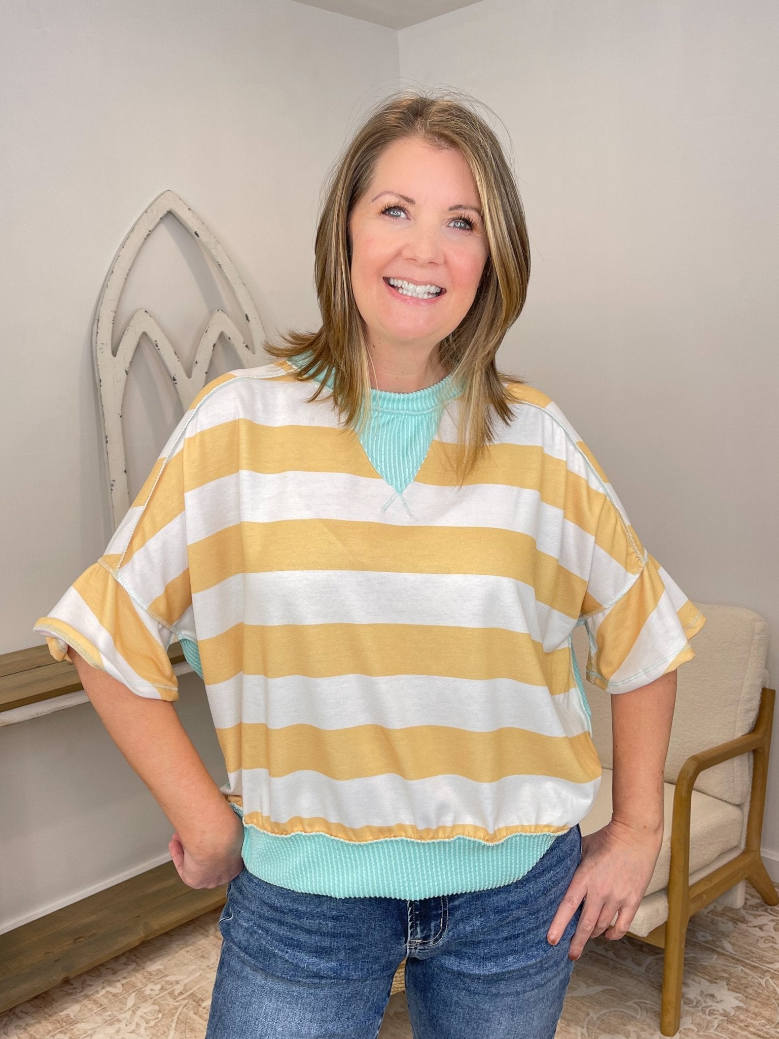Striped Flutter Sleeve Terry Top - Yellow & Aqua - Lavender Hills BeautyHapticsHT7477B-BYAQ-S