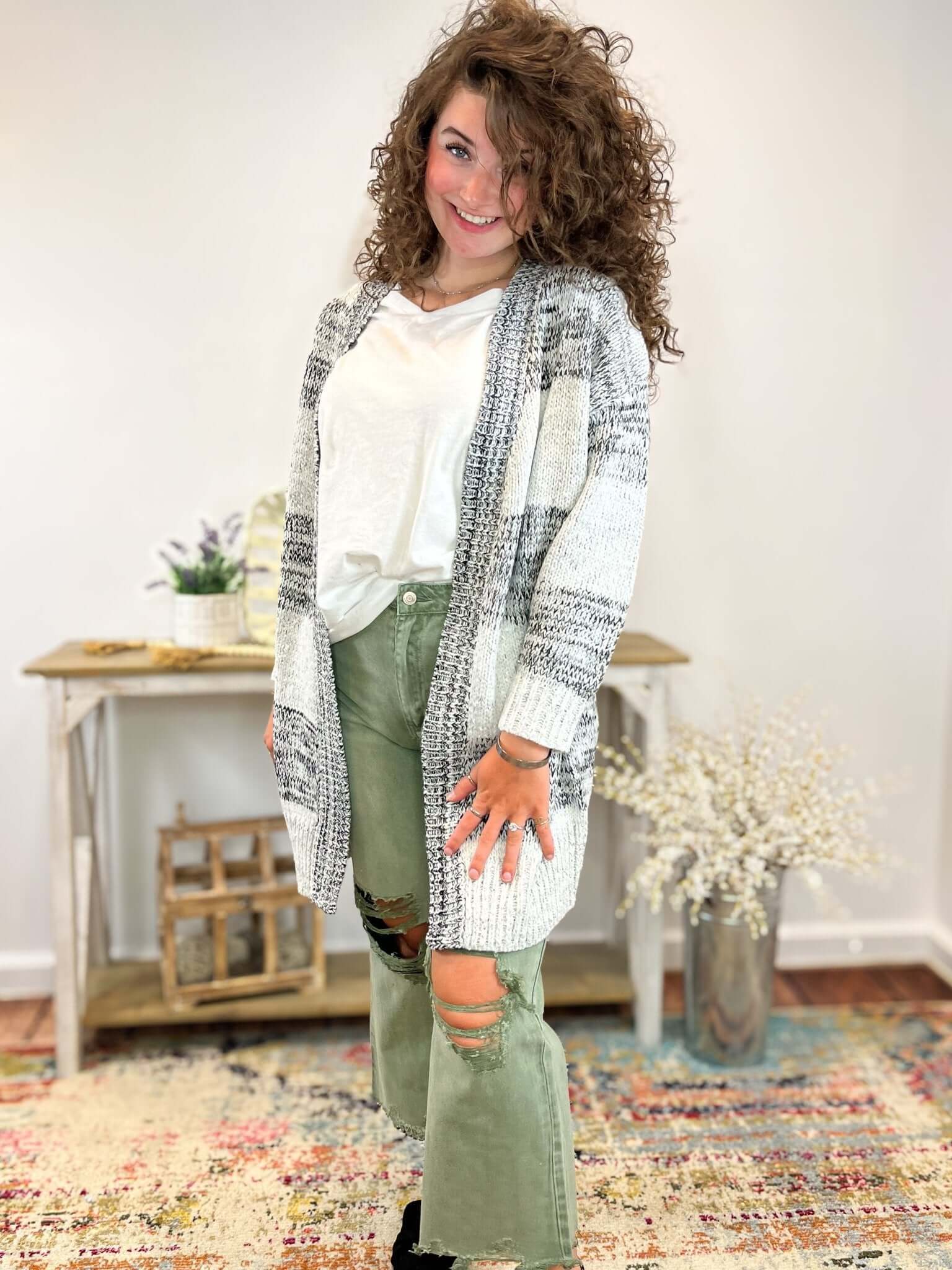 Black & White Striped Long Knitted Cardigan Sweater - Lavender Hills BeautyFirst LoveIT797 - BW - S