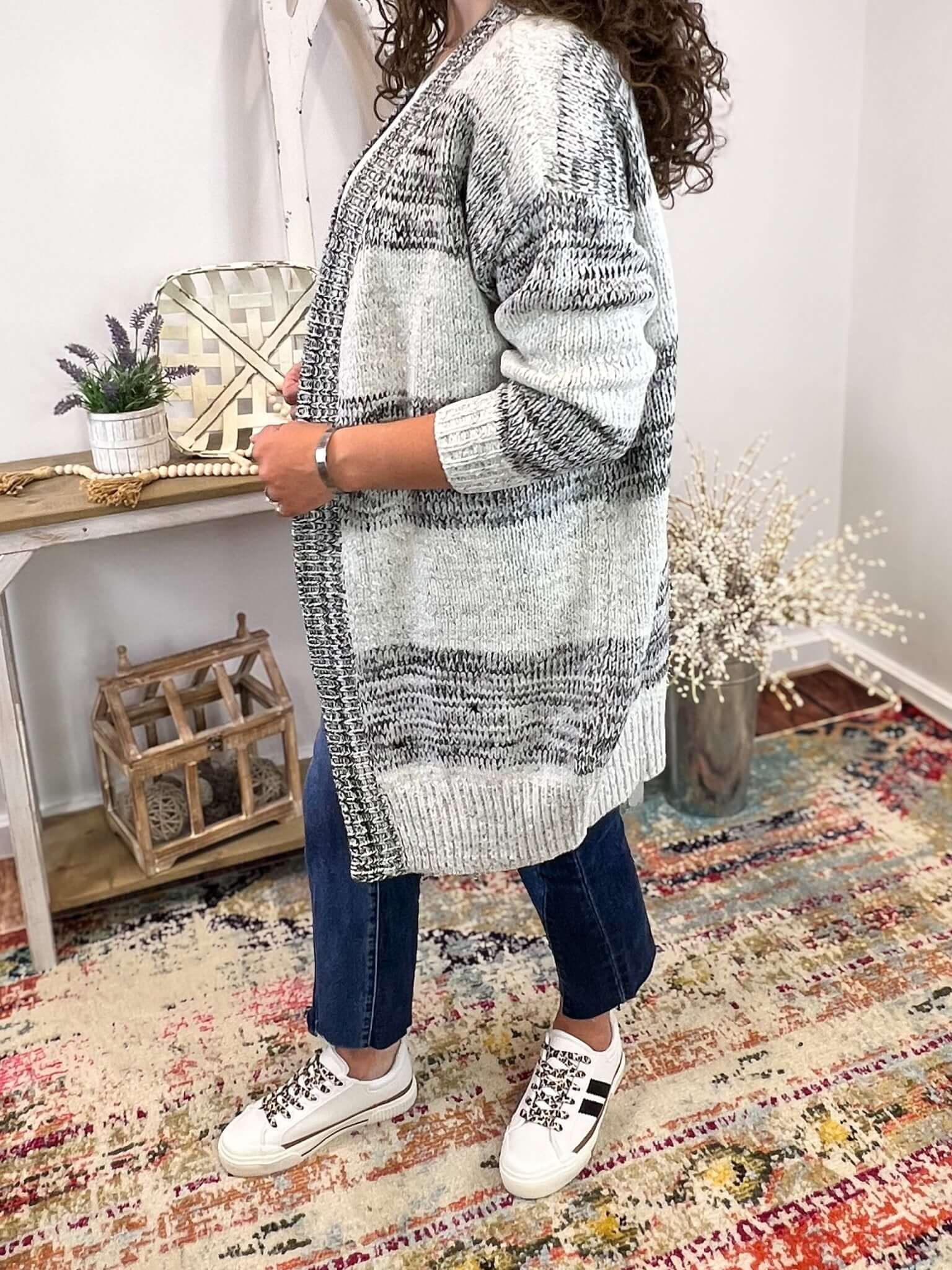 Black & White Striped Long Knitted Cardigan Sweater - Lavender Hills BeautyFirst LoveIT797 - BW - S