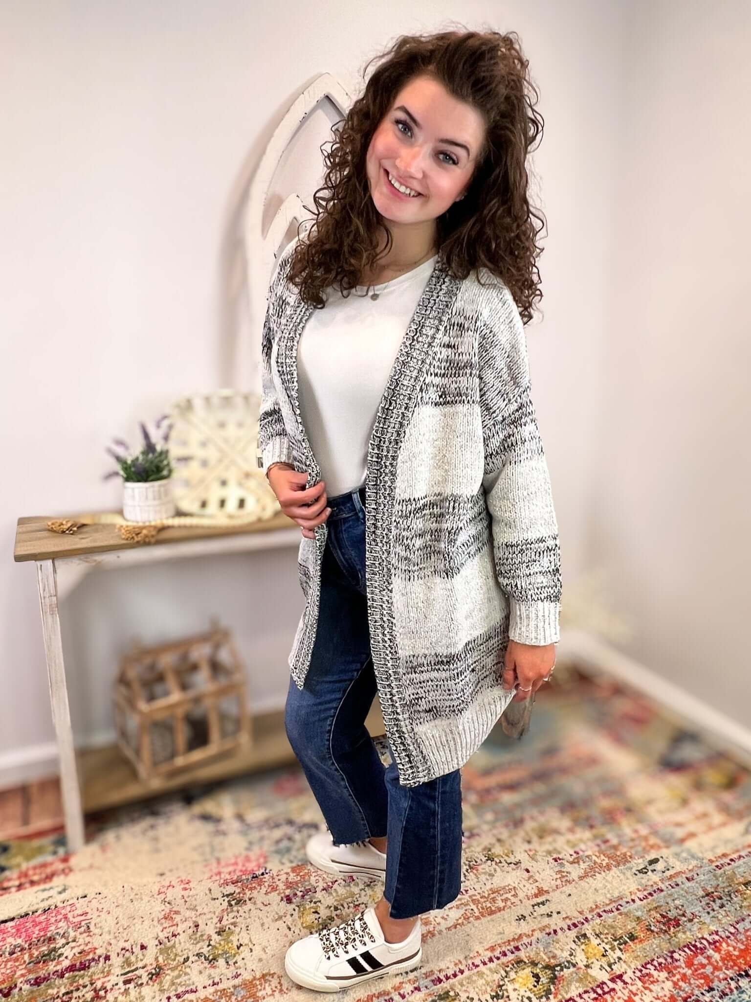 Black & White Striped Long Knitted Cardigan Sweater - Lavender Hills BeautyFirst LoveIT797 - BW - S