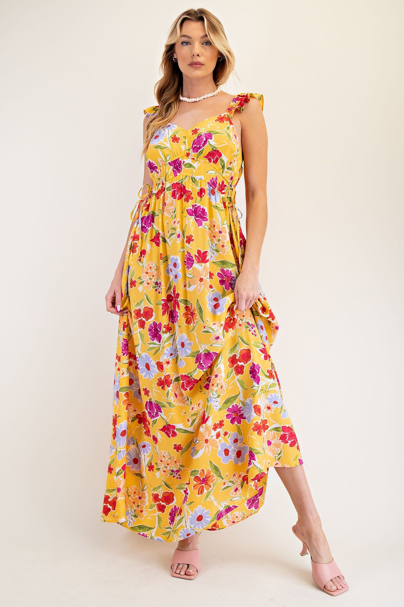Summer Blossom Floral Ruffle Maxi Dress with Pockets - Lavender Hills BeautyEaselED23469A-S