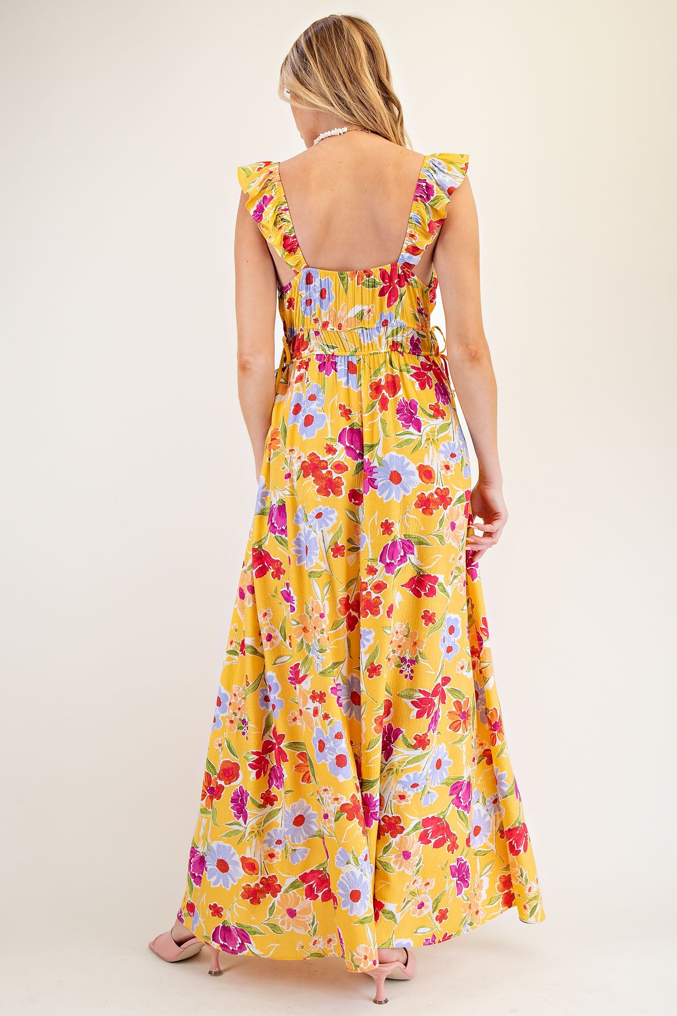 Summer Blossom Floral Ruffle Maxi Dress with Pockets - Lavender Hills BeautyEaselED23469A-S