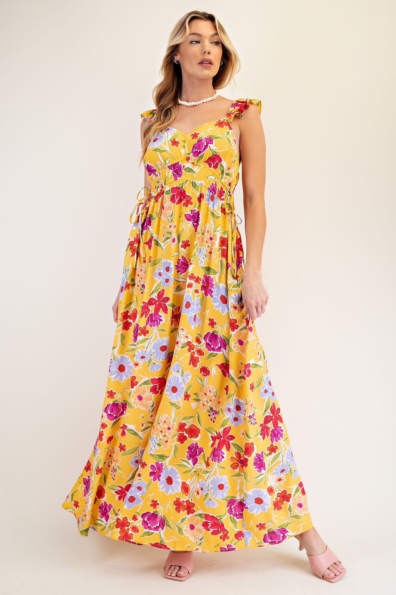 Summer Blossom Floral Ruffle Maxi Dress with Pockets - Lavender Hills BeautyEaselED23469A-S
