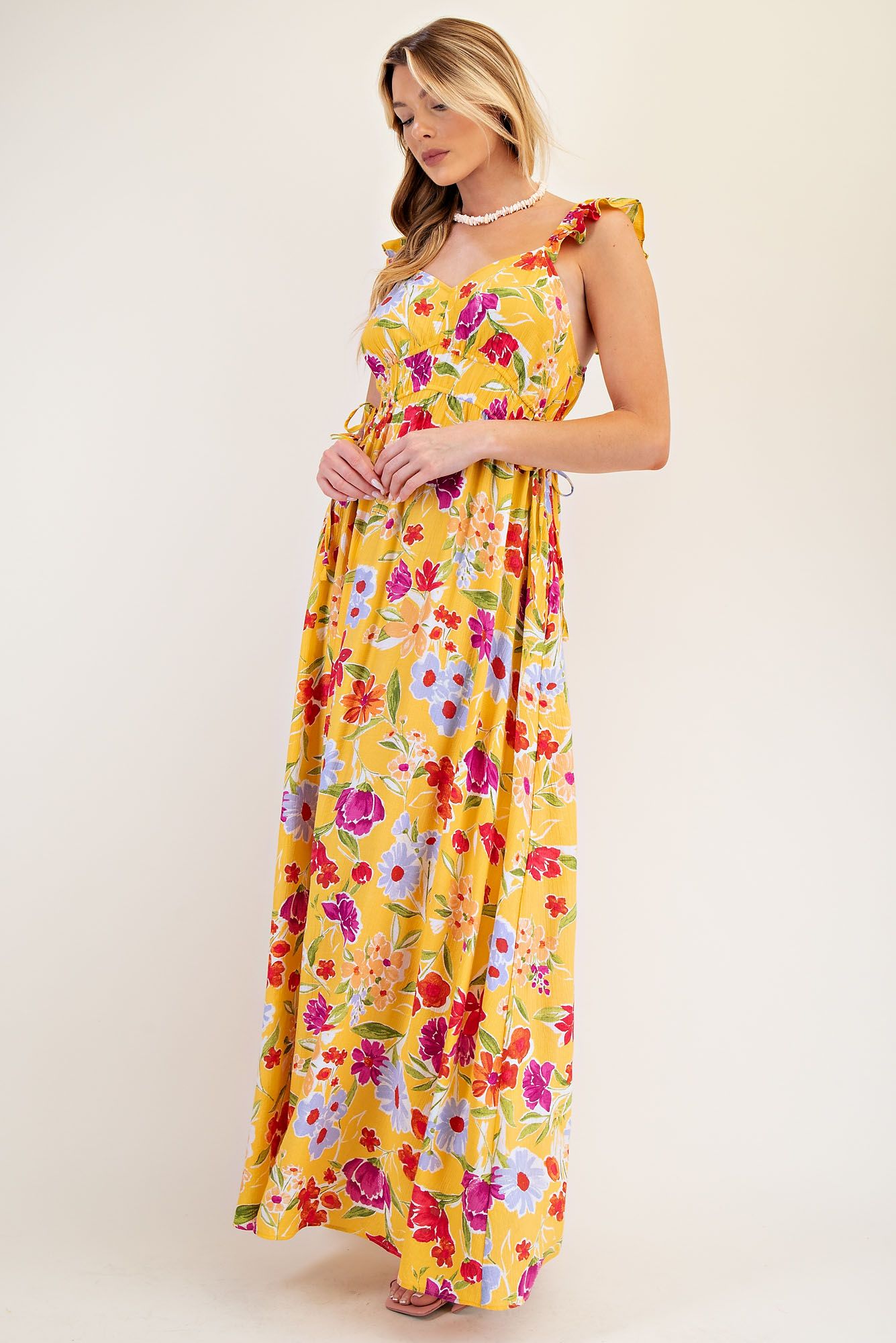 Summer Blossom Floral Ruffle Maxi Dress with Pockets - Lavender Hills BeautyEaselED23469A-S