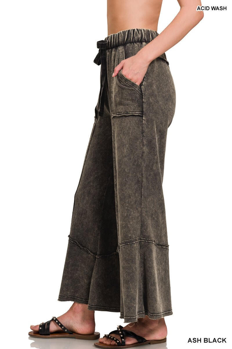 Easy Days Cropped Mineral Wash Wide Leg Flared Pants - Lavender Hills BeautyZenanaTPW-5253Y-1