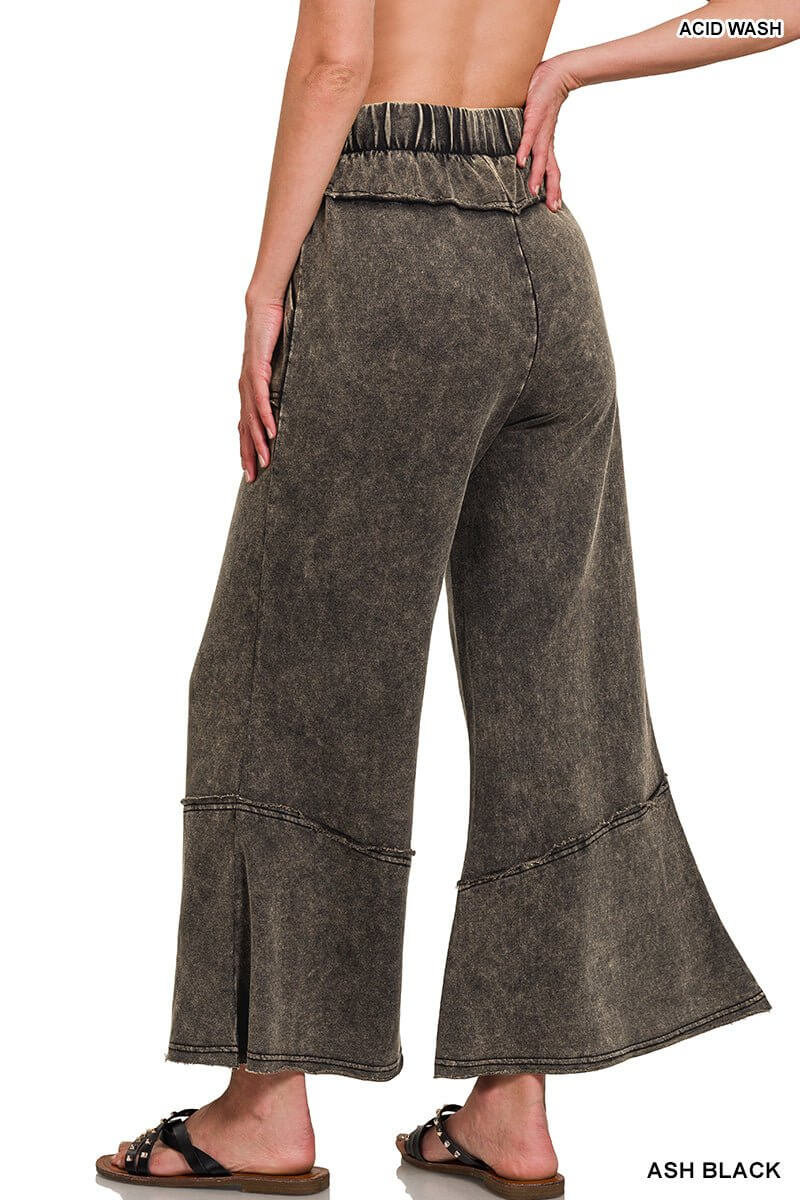Easy Days Cropped Mineral Wash Wide Leg Flared Pants - Lavender Hills BeautyZenanaTPW-5253Y-1