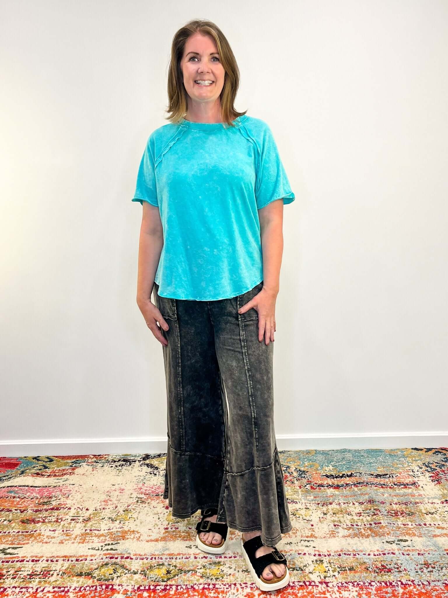 Easy Days Cropped Mineral Wash Wide Leg Flared Lounge Pants - Lavender Hills BeautyZenanaTPW - 5253Y - 2