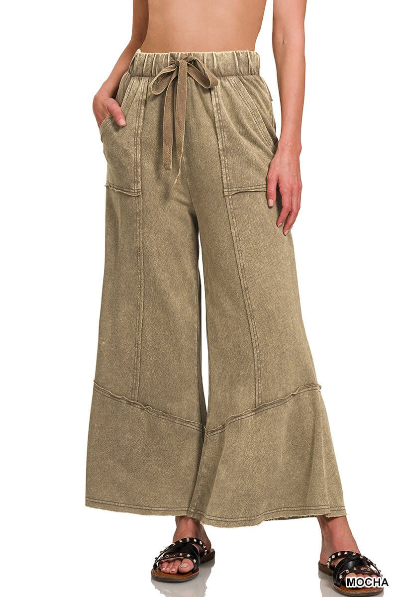 Easy Days Cropped Mineral Wash Wide Leg Flared Pants - Lavender Hills BeautyZenanaTPW-5253Y-2