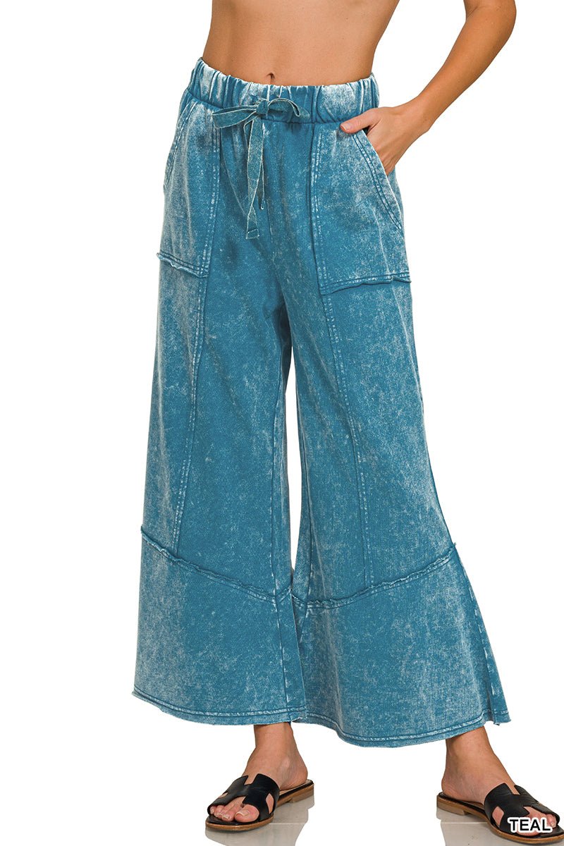 Easy Days Cropped Mineral Wash Wide Leg Flared Lounge Pants