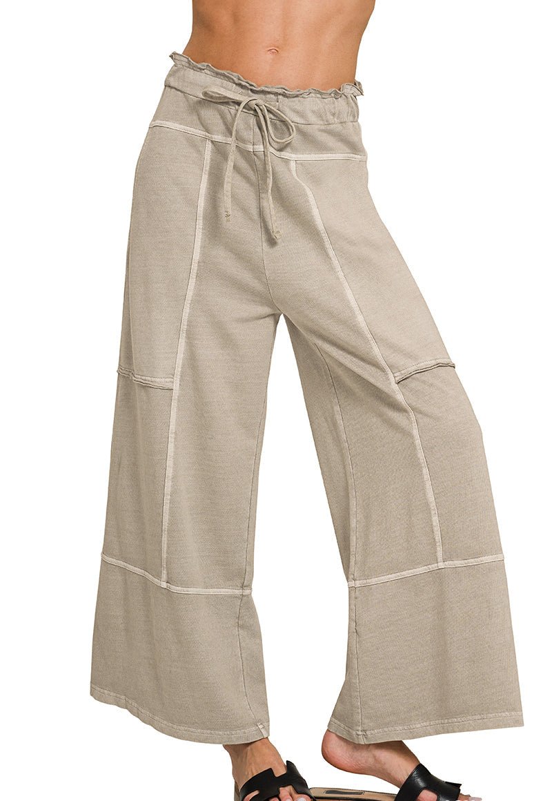 Low - Key Cropped Wide Leg Exposed Seam Wide Leg Lounge Pants - Lavender Hills BeautyZenanaTPW-5355Y-ASHJDE-S