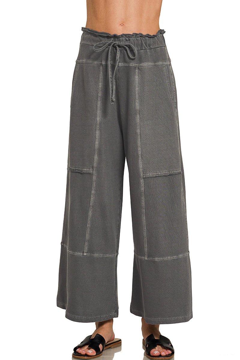 Low - Key Cropped Wide Leg Exposed Seam Wide Leg Lounge Pants - Lavender Hills BeautyZenanaTPW-5355Y-BLK-S