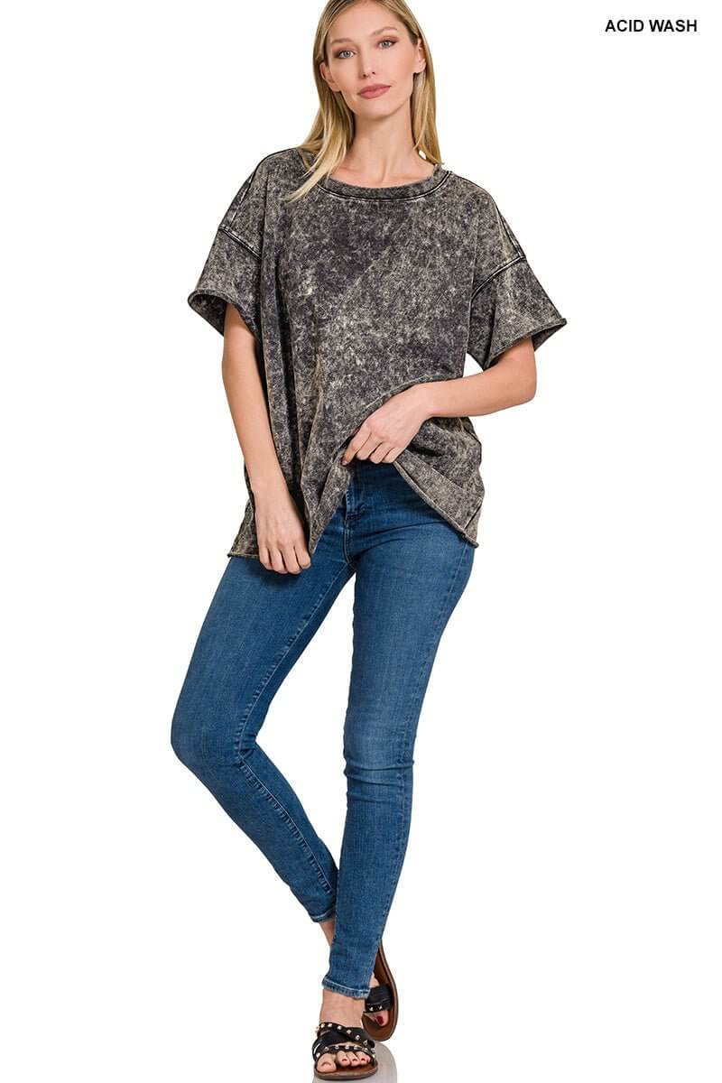 Weekender Drop Shoulder Short Sleeve Top - Lavender Hills BeautyZenanaTTW - 5156A - ABLK - SM