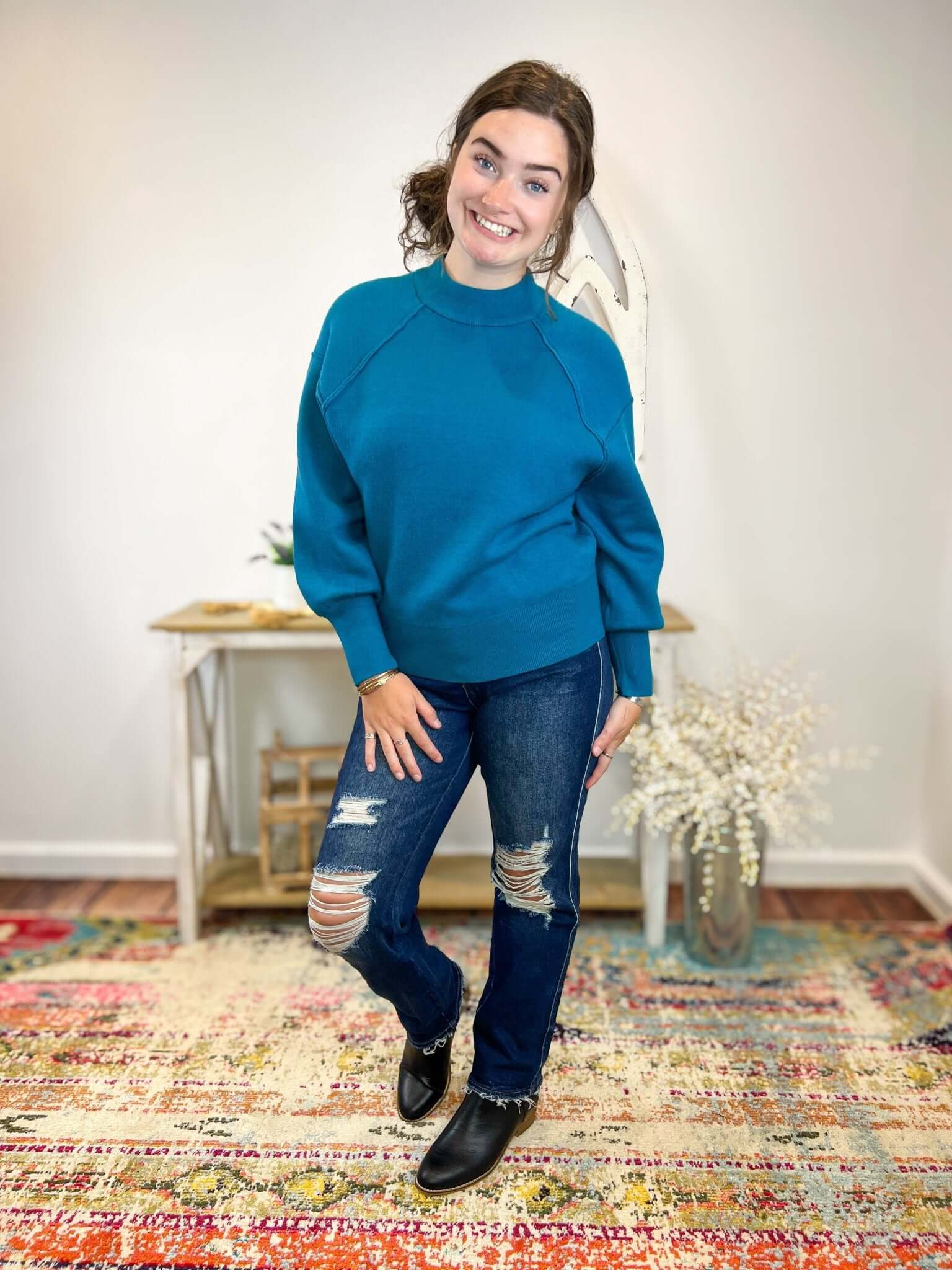 Viscose Mock Neck Exposed Seam Sweater - Lavender Hills BeautyZenanaTW - 2381Y - TEL - S