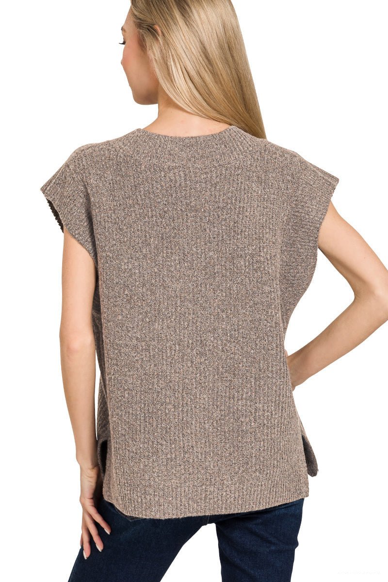 V - Neck Short Sleeve Sweater Vest Top - Mocha - Lavender Hills BeautyZenanaTW - 2582Y - MCH - S