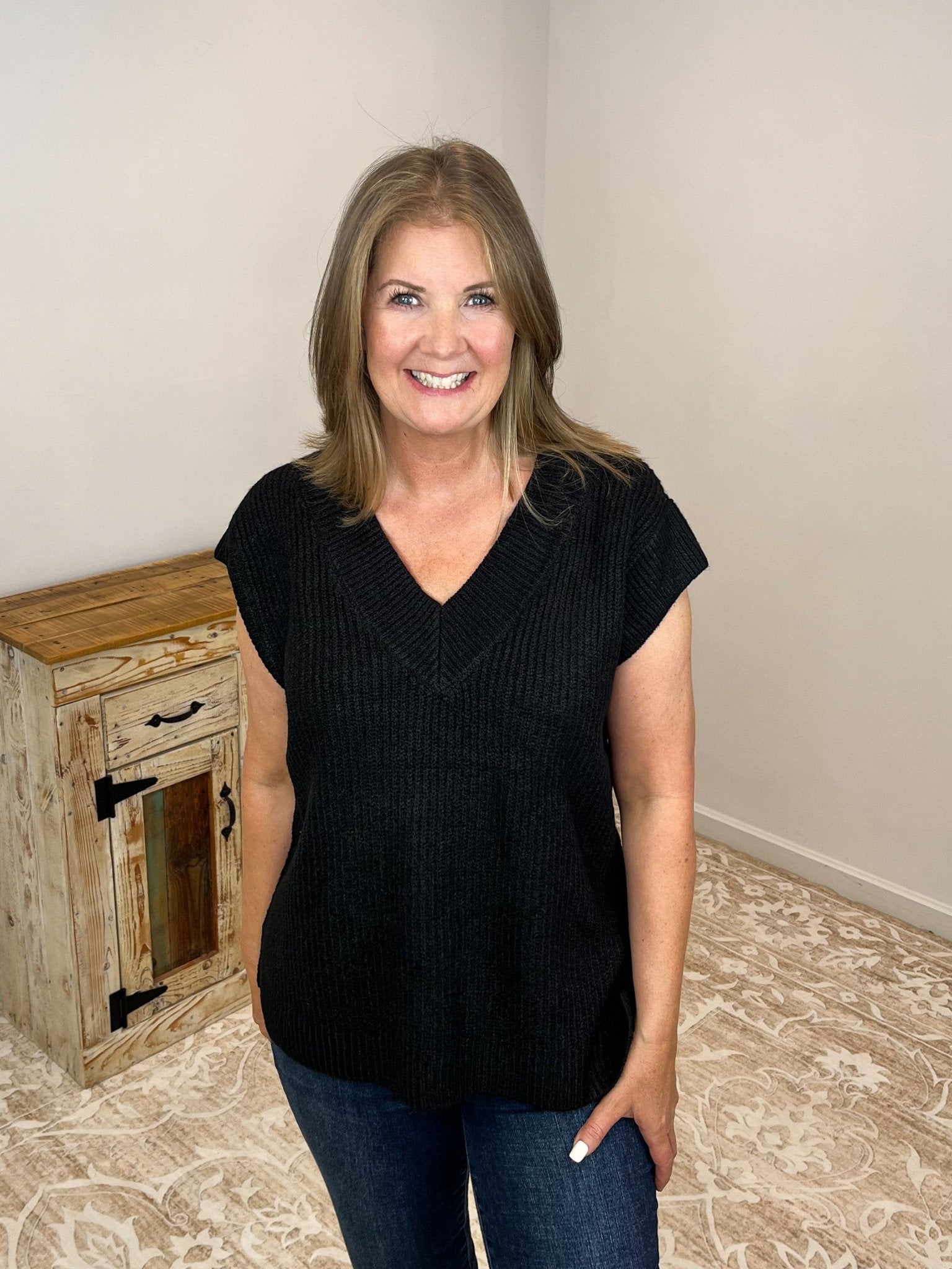 V - Neck Short Sleeve Sweater Vest Top - Black - Lavender Hills BeautyZenanaTW - 2582Y - BLK - S