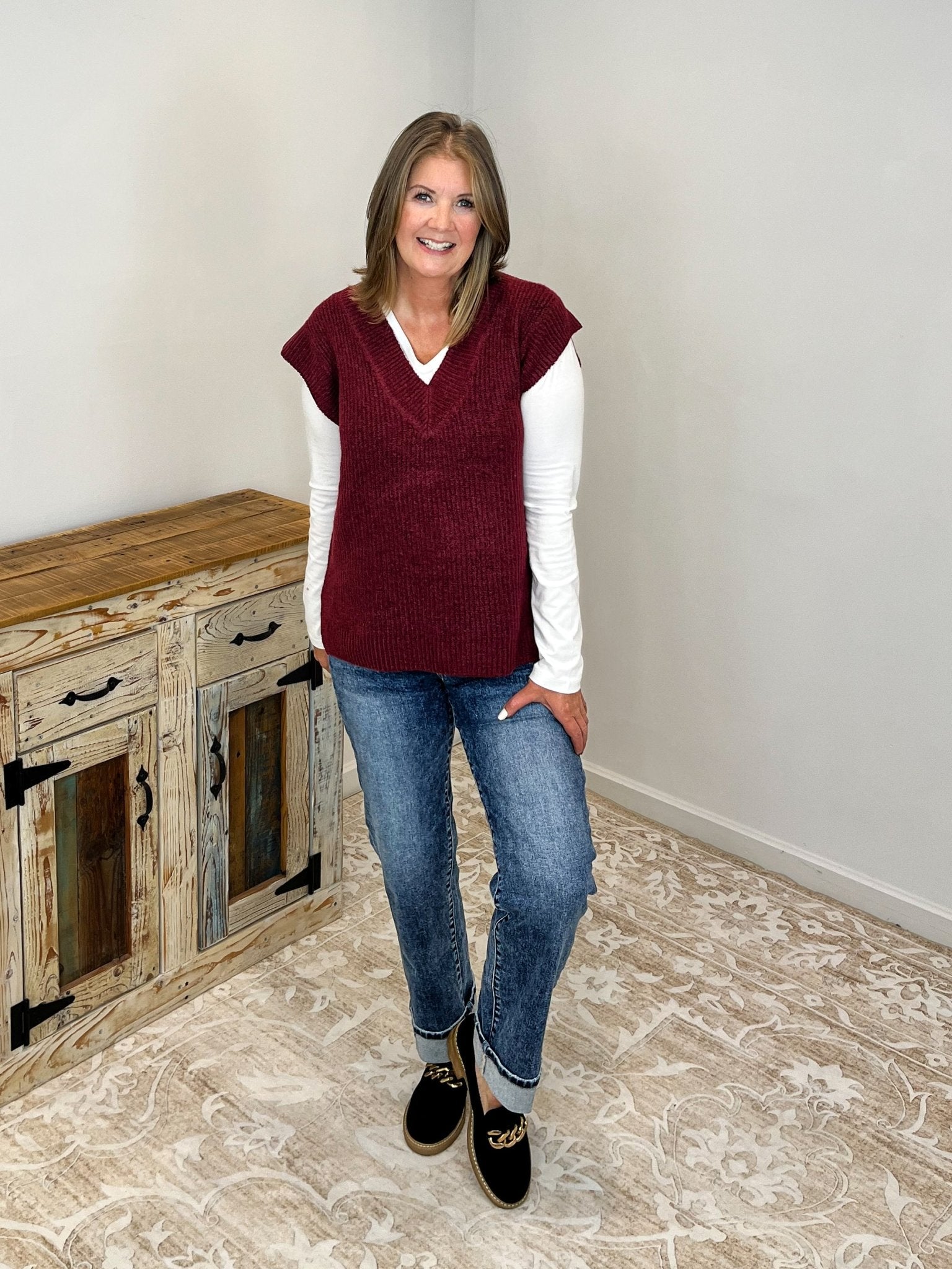 V - Neck Short Sleeve Sweater Vest Top - Cabernet - Lavender Hills BeautyZenanaTW - 2582Y - CAB - S