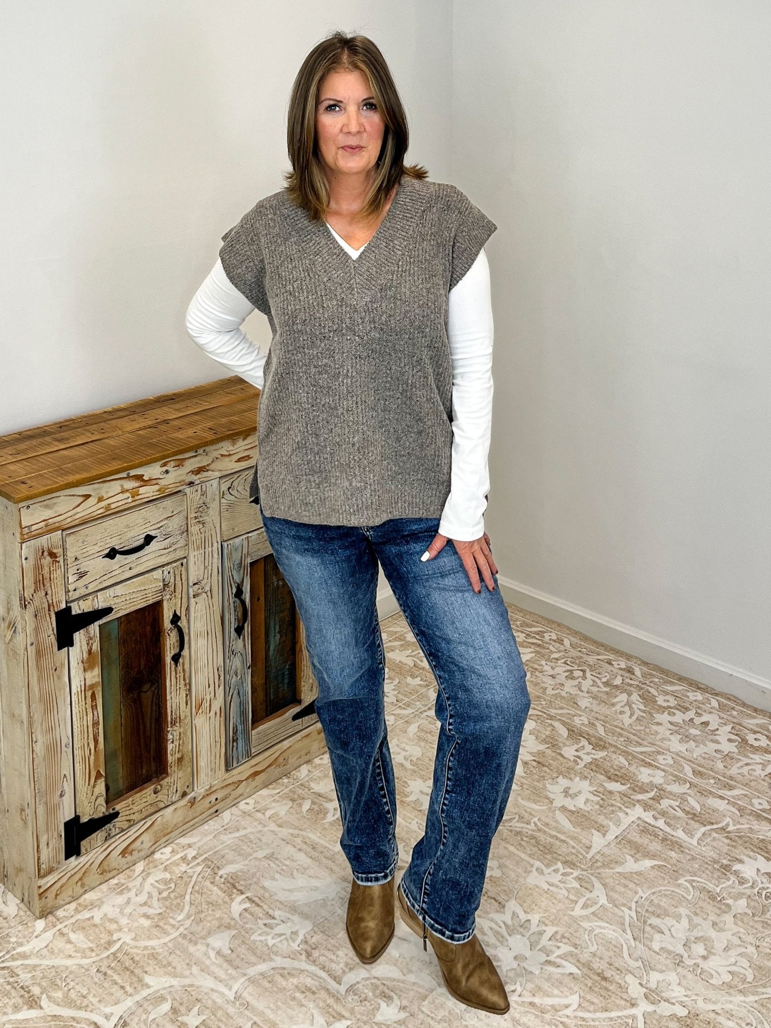 V - Neck Short Sleeve Sweater Vest Top - Mocha - Lavender Hills BeautyZenanaTW - 2582Y - MCH - S