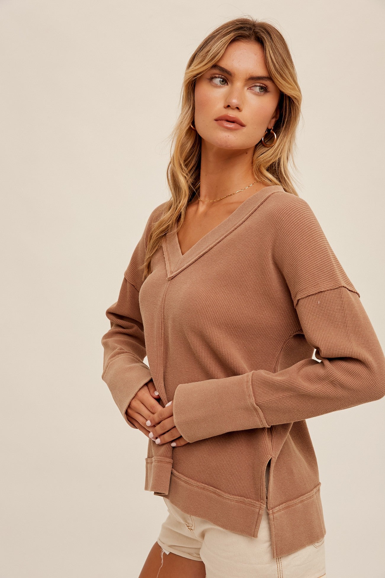 V Neck Thermal Knit Long Sleeve Top