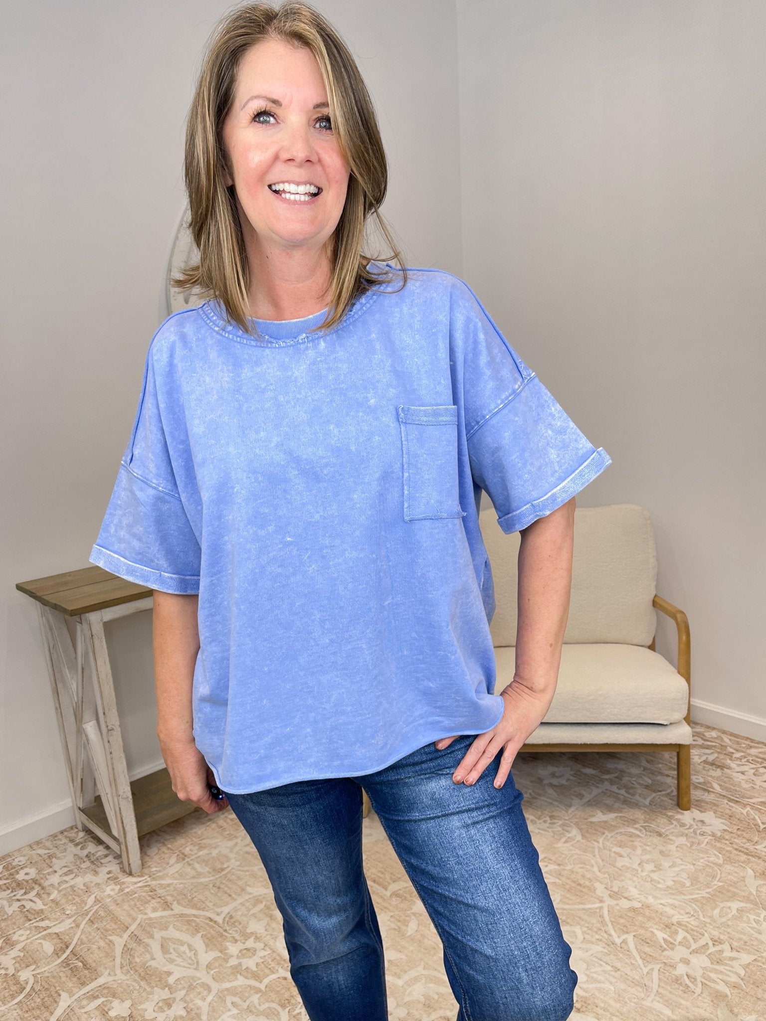 Vintage Acid Wash Exposed Seam French Terry Top Shirt - Lavender Hills BeautyZenana