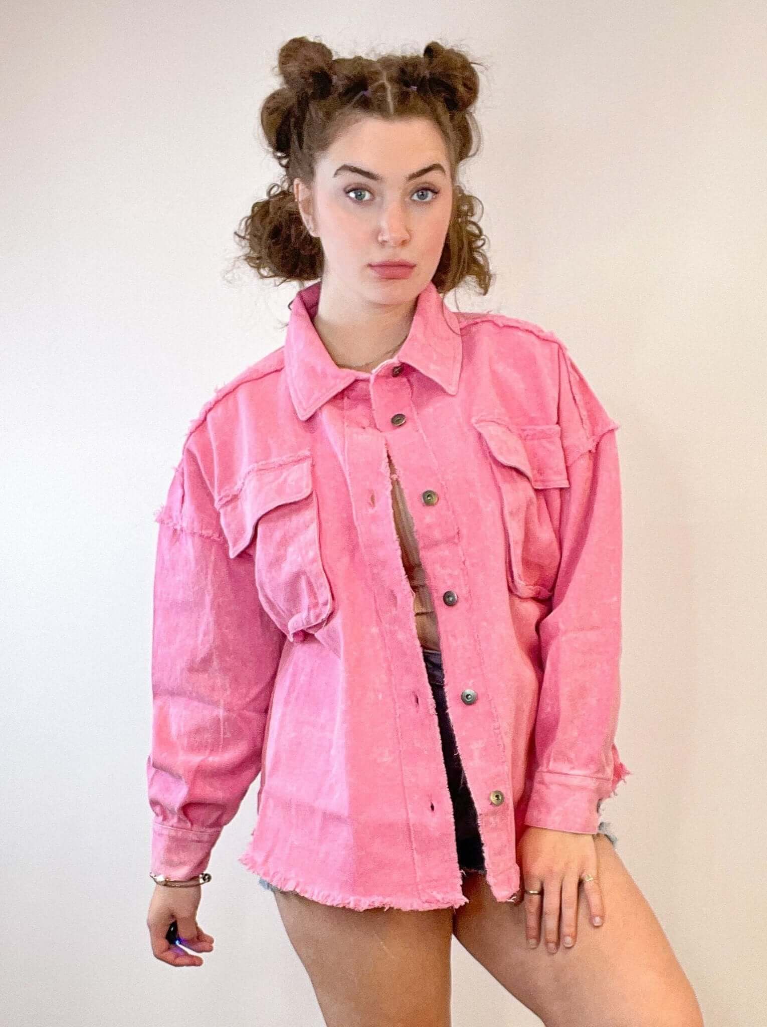 Washed Oversized Denim Chambray Jacket - Pink - Lavender Hills BeautyVery J