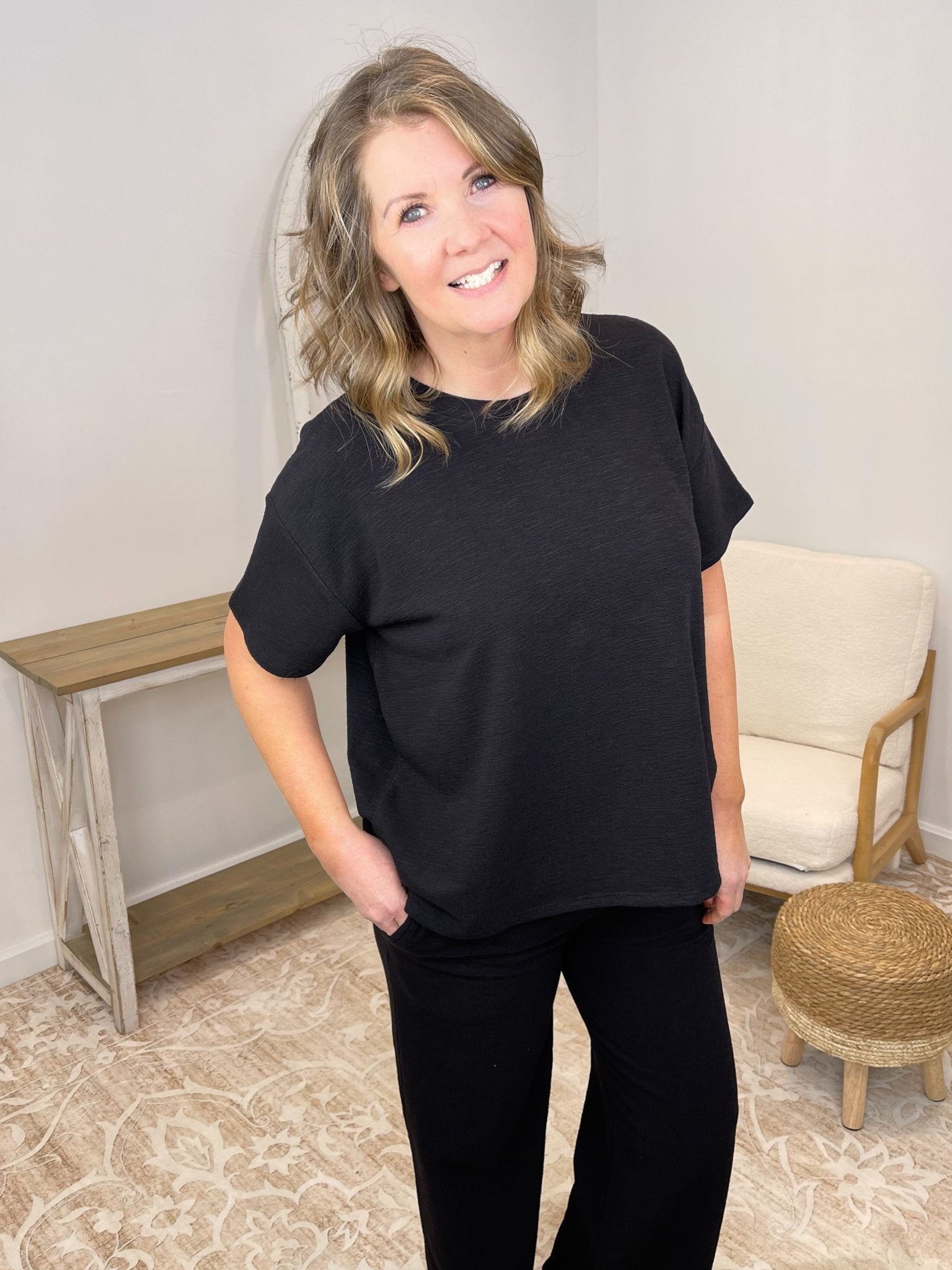 Weekend Breeze - 2 Piece Short Sleeve Top & Pants Set - Lavender Hills BeautyZenanaCTCP-3661D4-BLK-S