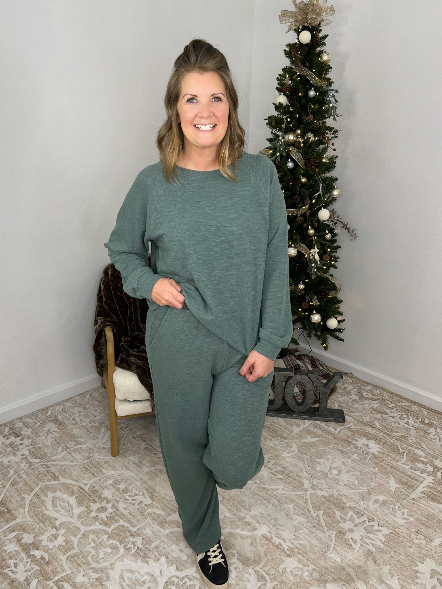 Weekend Mood - 2 Piece Long Sleeve Top & Pants Set - Lavender Hills BeautyZenanaCTCP-3473-BLK-S