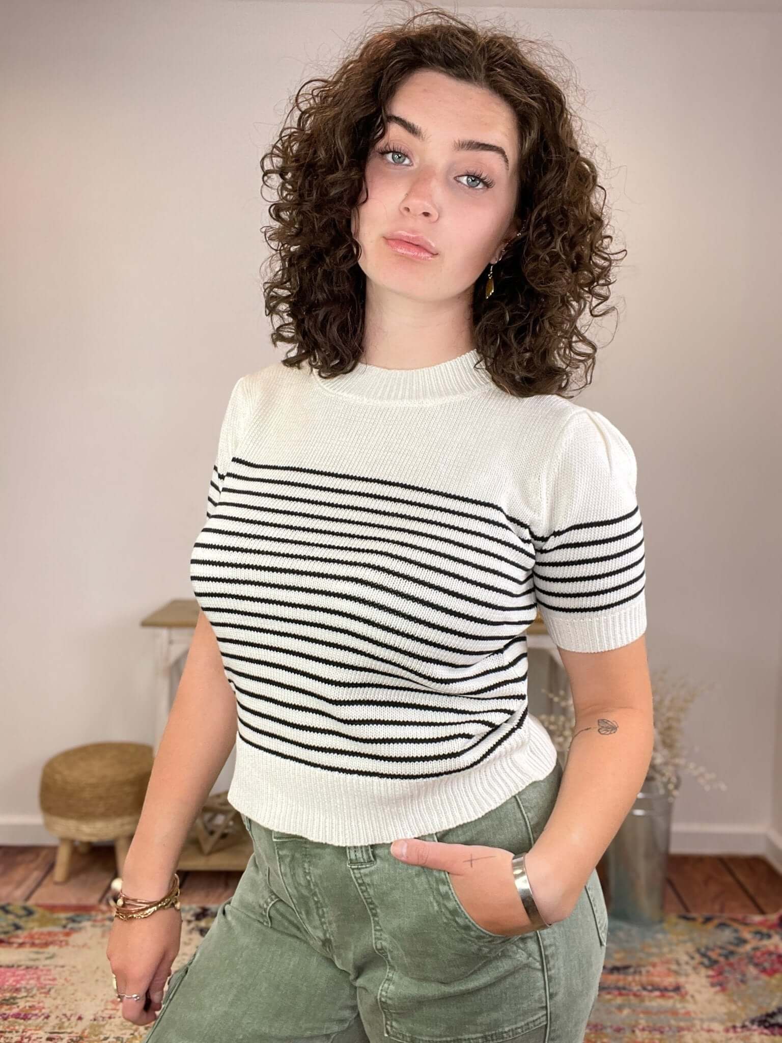 White & Black Striped Lightweight Crew Knit Top - Lavender Hills BeautyWhite BirchT10565XL - S