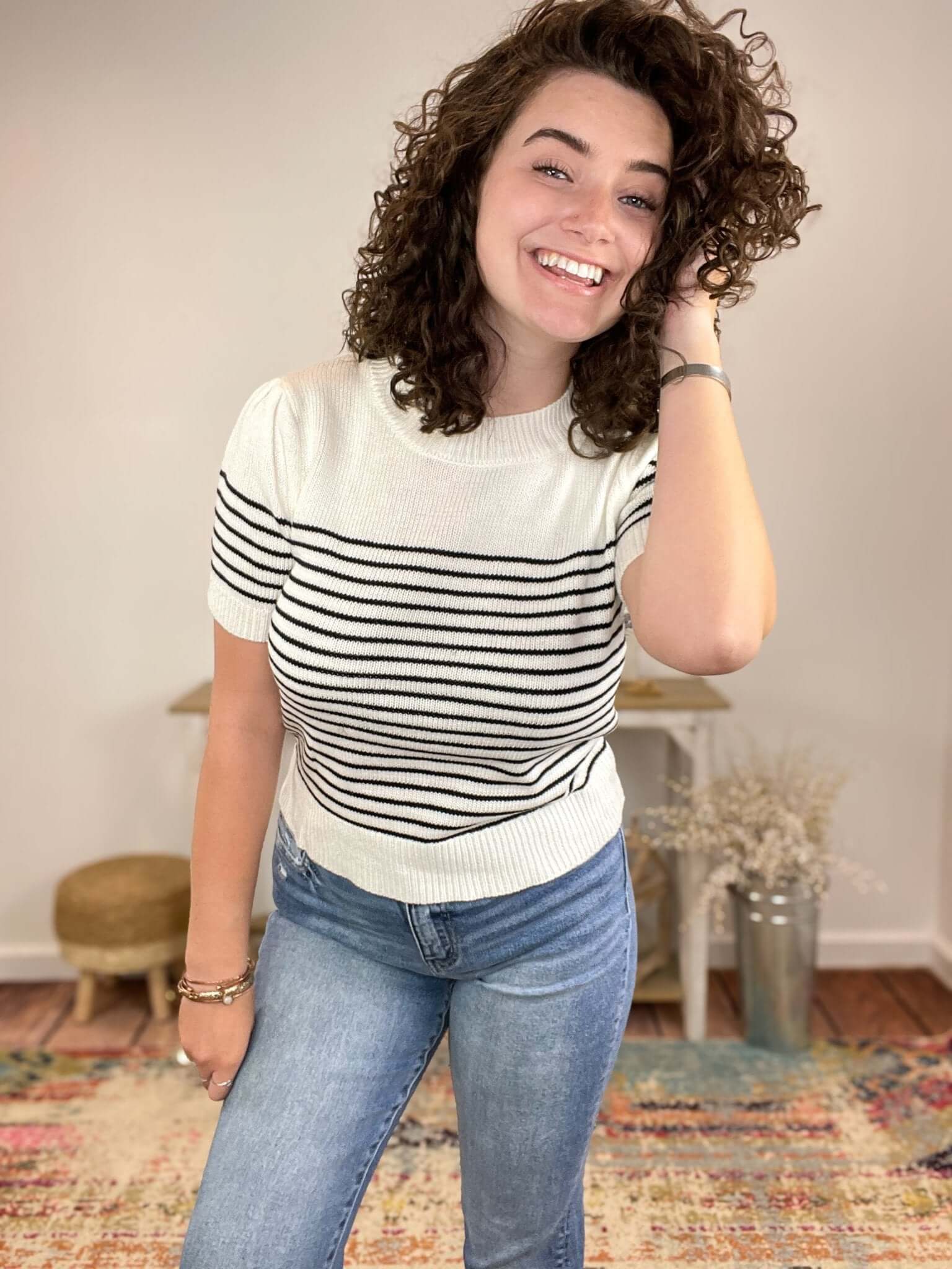White & Black Striped Lightweight Crew Knit Top - Lavender Hills BeautyWhite BirchT10565XL - S
