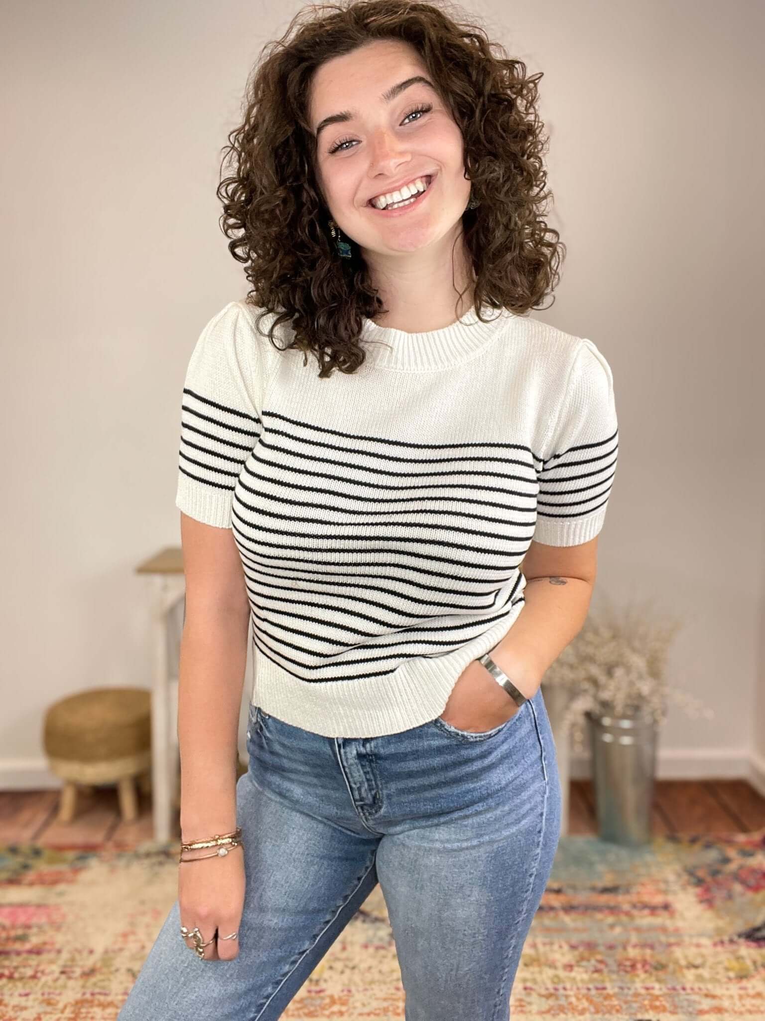 White & Black Striped Lightweight Crew Knit Top - Lavender Hills BeautyWhite BirchT10565XL - S