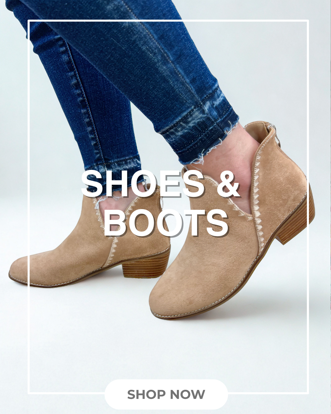 Beige ankle boots worn with blue jeans on a light gray background, with 'Shoes & Boots' text overlay.
