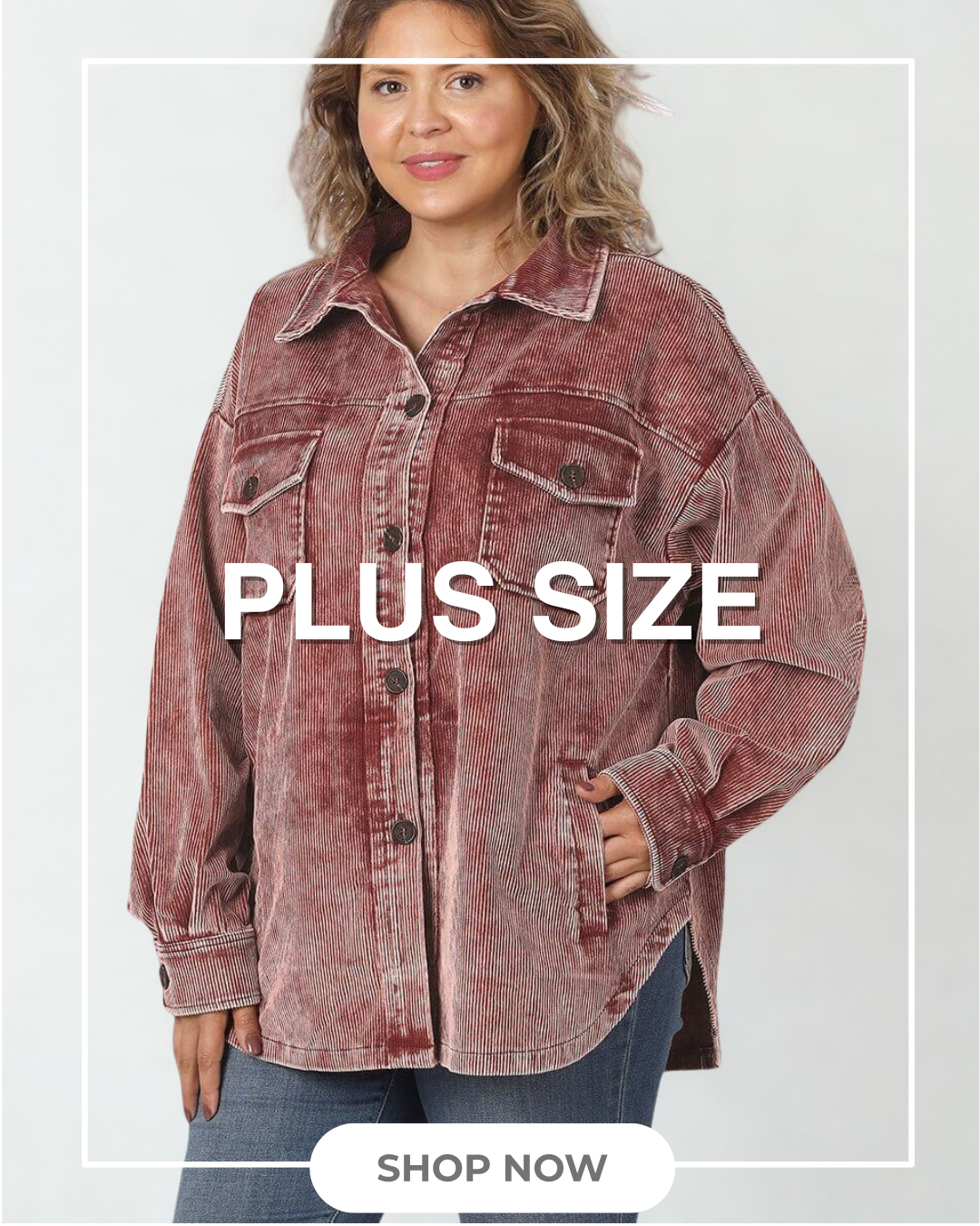 Woman wearing a plus size denim jacket with 'Plus Size' text overlay on a white background.
