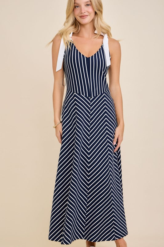 Navy & White Modern Striped Tie-Shoulder A-Line Midi Dress