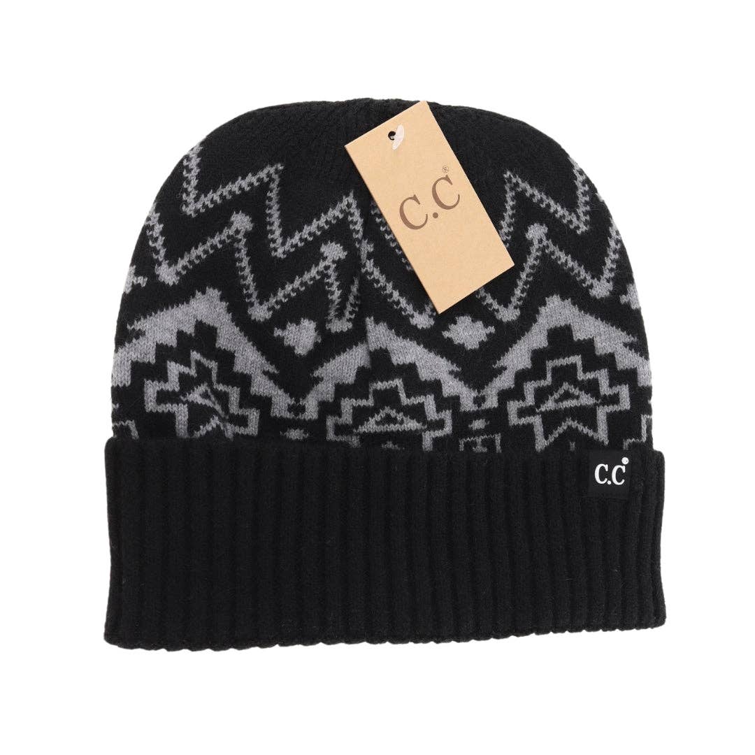 C.C Beanie Unisex Cuffed Southwestern Print Black HME0016 - Lavender Hills BeautyC.C Beanie