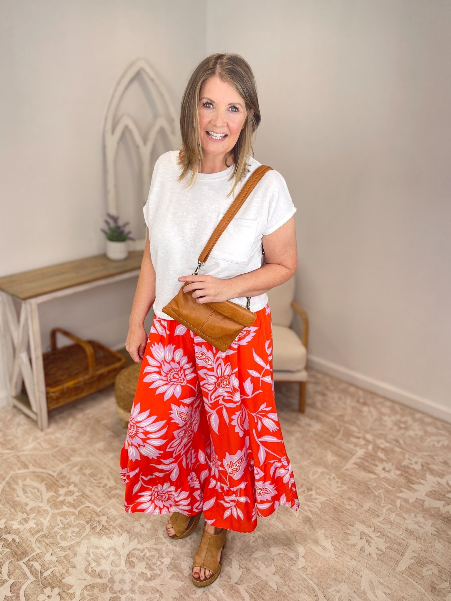 Tropical Coral Floral Ruffle Wide - Leg Boho Pants - Lavender Hills BeautyEaselEB56368-S
