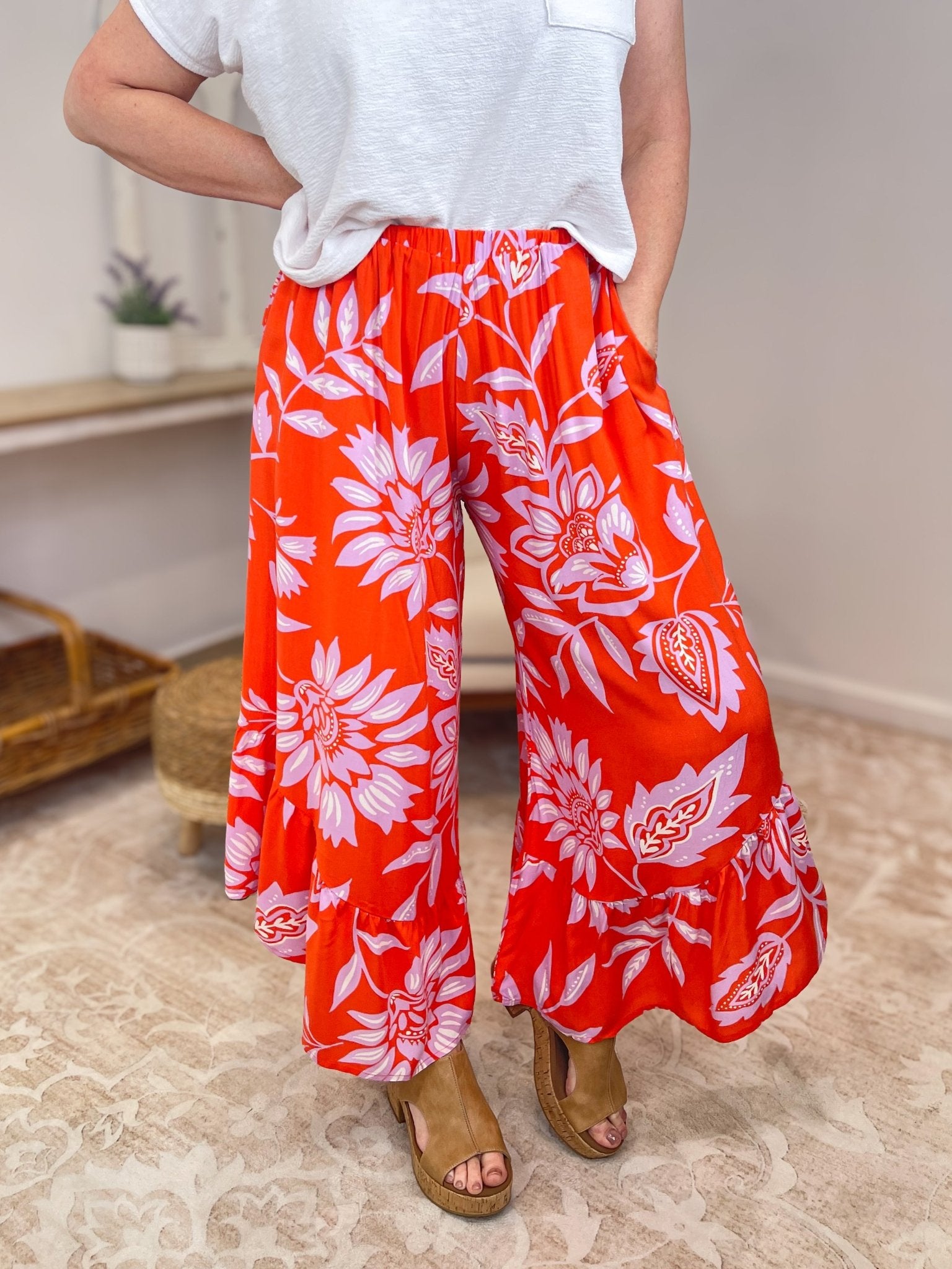 Tropical Coral Floral Ruffle Wide - Leg Boho Pants - Lavender Hills BeautyEaselEB56368-S