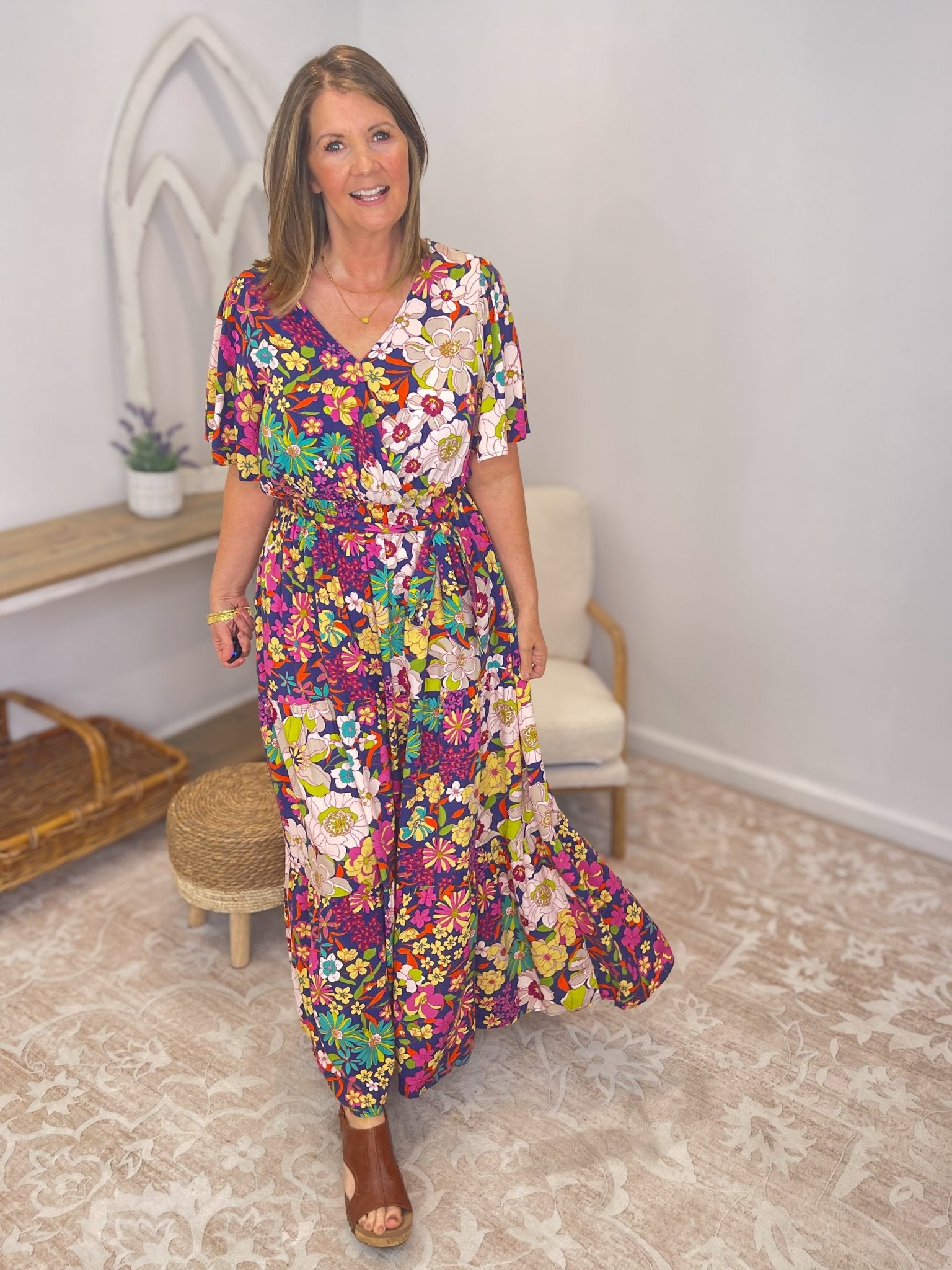 Midnight Garden Floral Maxi Dress - Boho V - Neck Wrap with Pockets - Lavender Hills BeautyEaselED71116A-S