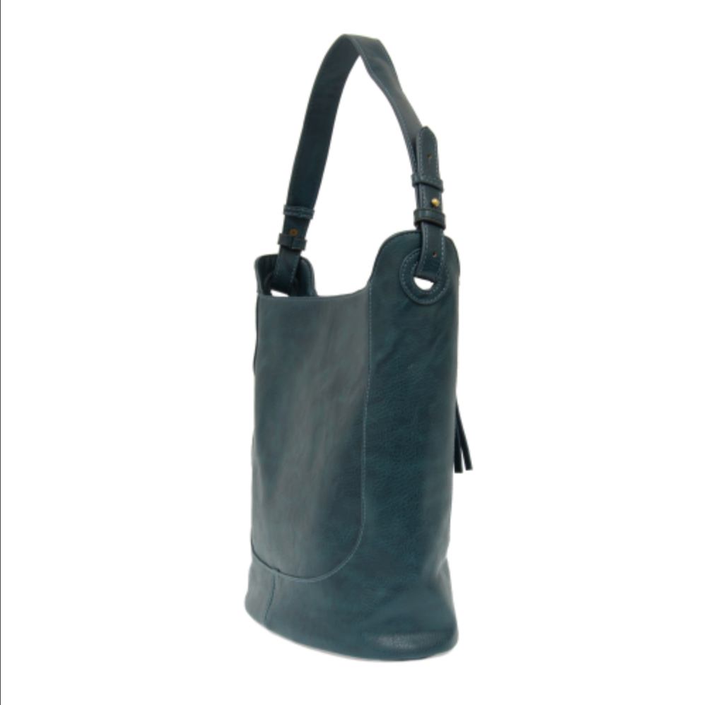 Dark gray leather handbag with a strap on a white background