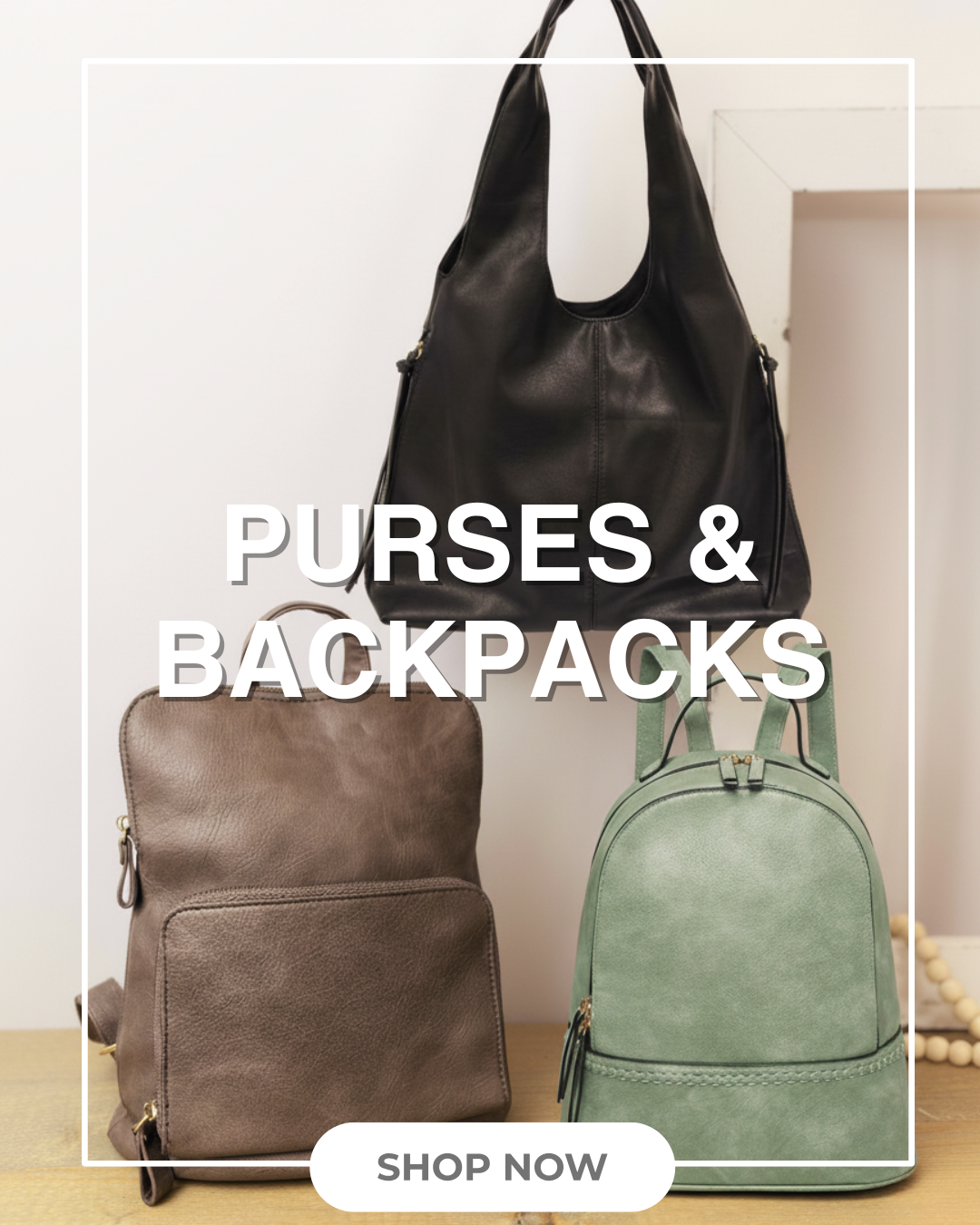 Three vegan leather bags including a black backpack, brown and green backpacks on a light background with 'Purses & Backpacks' text.