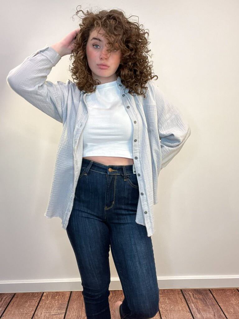 Gauze Button Down Long Sleeve Top - Light Grey - Lavender Hills BeautyZenana
