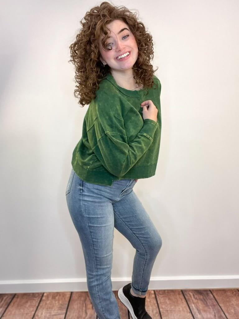 Acid Wash Raw Hem Pullover Sweatshirt - Dark Green - Lavender Hills BeautyZenana