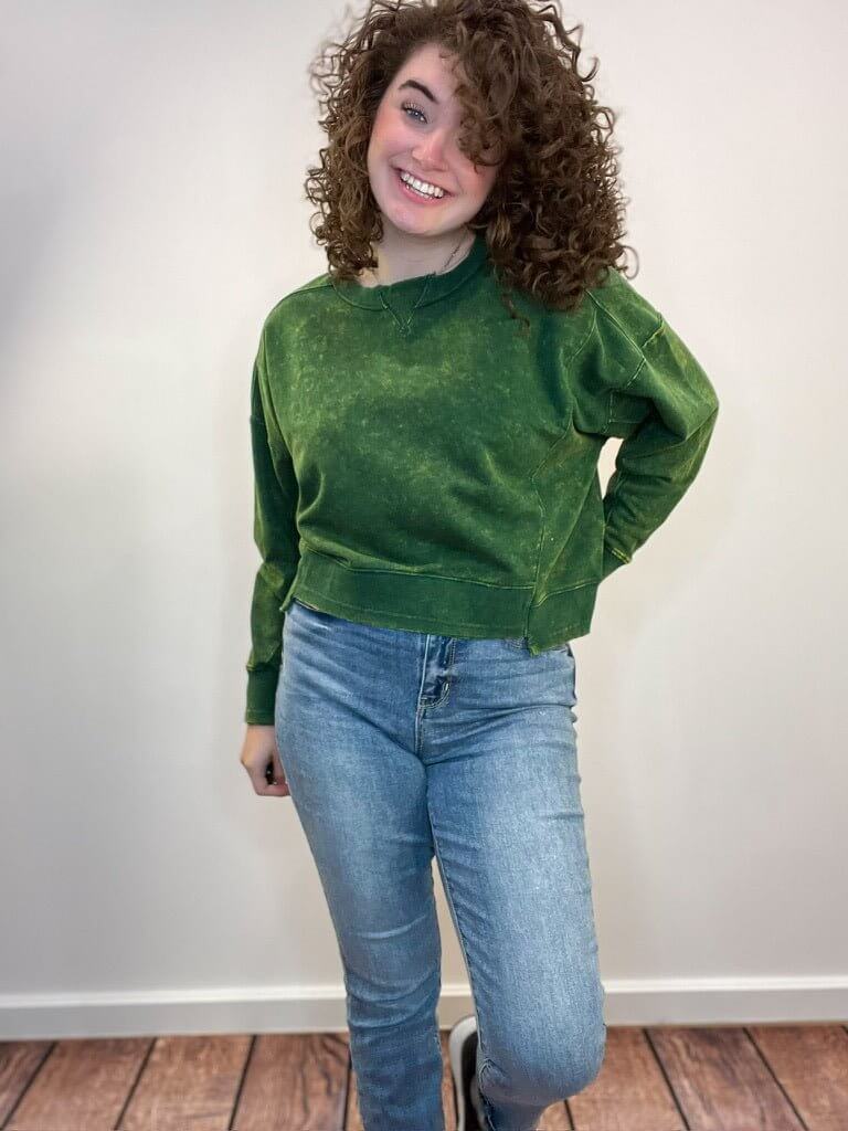 Acid Wash Raw Hem Pullover Sweatshirt - Dark Green - Lavender Hills BeautyZenana
