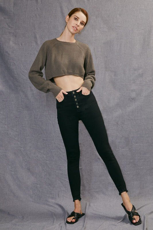 Midnight Black Button Fly Skinny Jeans by Kan Can - Lavender Hills BeautyKan Can USAKC7273BK