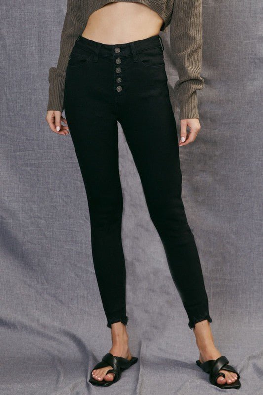 Midnight Black Button Fly Skinny Jeans by Kan Can - Lavender Hills BeautyKan Can USAKC7273BK