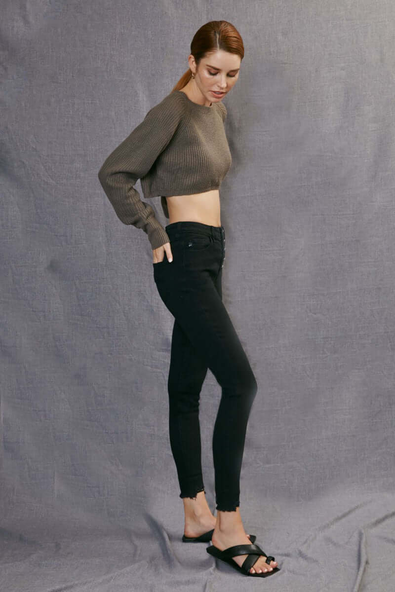 Midnight Black Button Fly Skinny Jeans by Kan Can - Lavender Hills BeautyKan Can USAKC7273BK