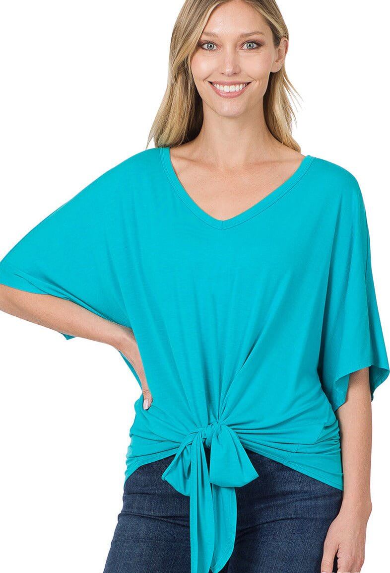 V-Neck Front Tie Top - Ice Blue - Lavender Hills BeautyZenanaAT-5537AB