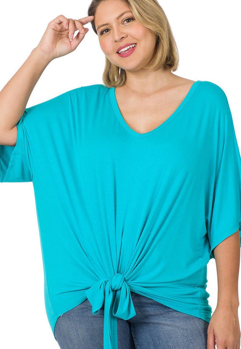 V-Neck Front Tie Top - Ice Blue - Lavender Hills BeautyZenanaAT-5537AB