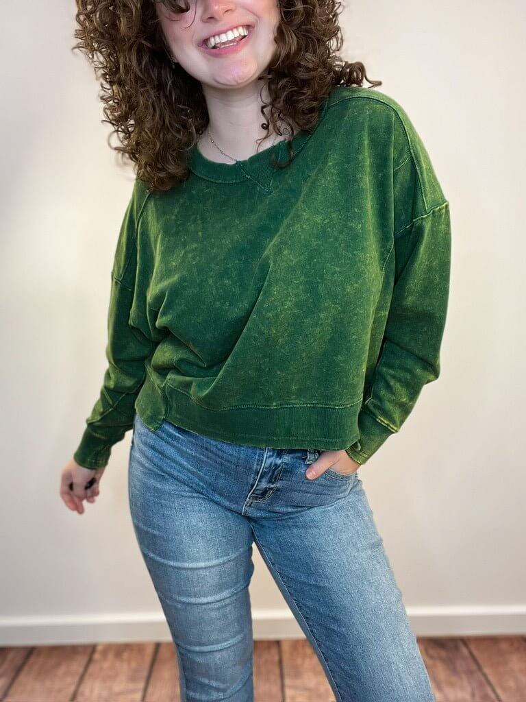 Acid Wash Raw Hem Pullover Sweatshirt - Dark Green - Lavender Hills BeautyZenana